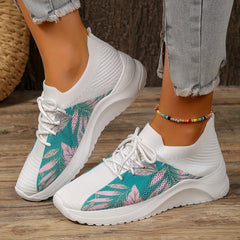 Women's Leaf Print Platform Sneakers Casual Lace Up Outdoor Shoes