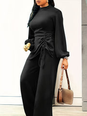  Casual Jumpsuit Lantern Sleeve Mock Neck Drawstring Wide Leg