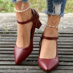 Women's Pointed Toe Pumps Ankle Strap Chunky Heels Mid Heels