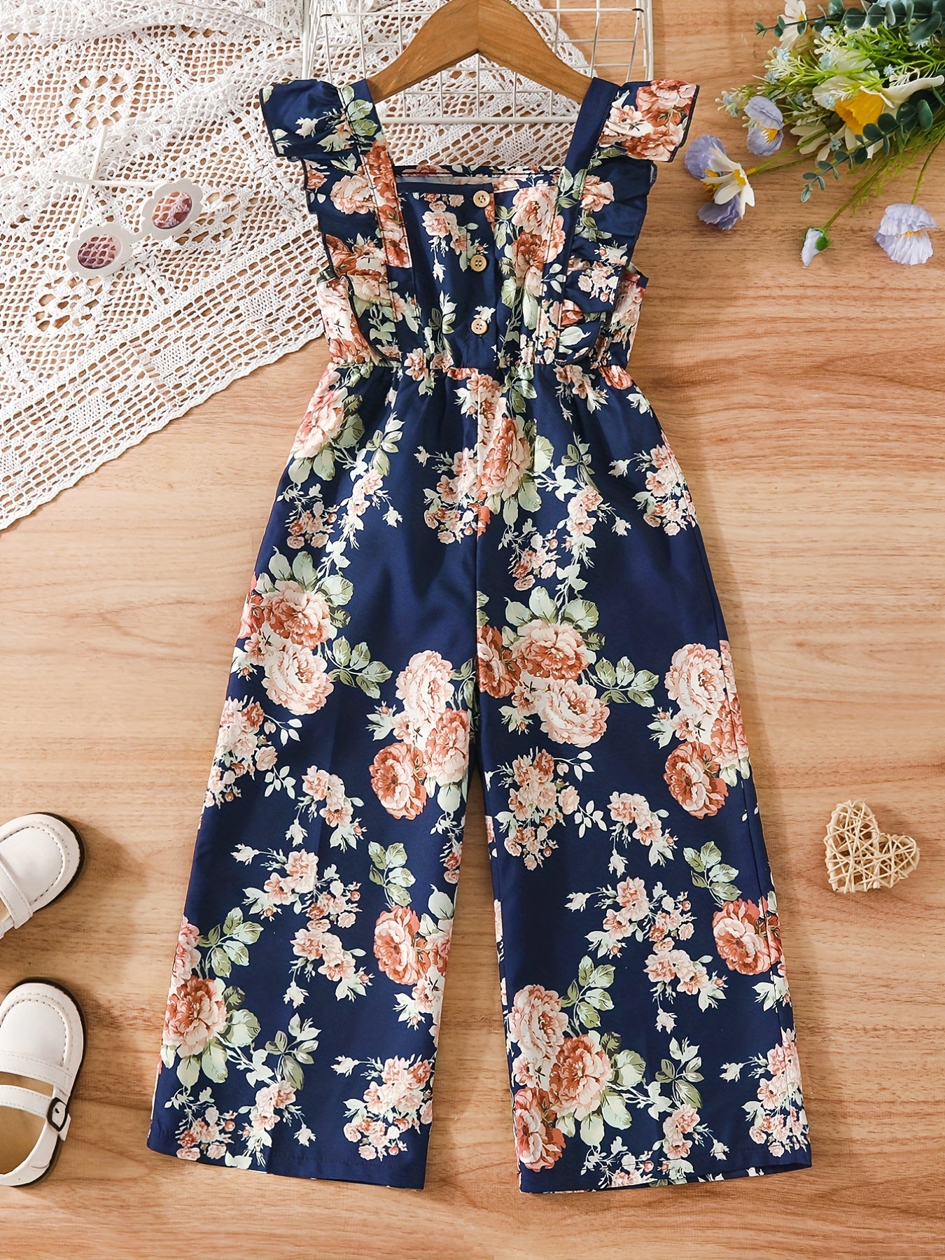 Girls' Butterfly Sleeves Floral Print Wide Leg Jumpsuit