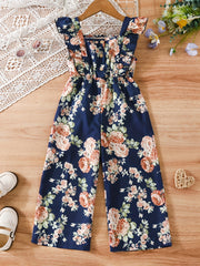 Girls' Butterfly Sleeves Floral Print Wide Leg Jumpsuit