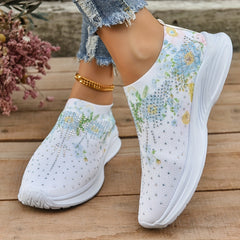 Women's Rhinestone Floral Print Slip-On Sneakers