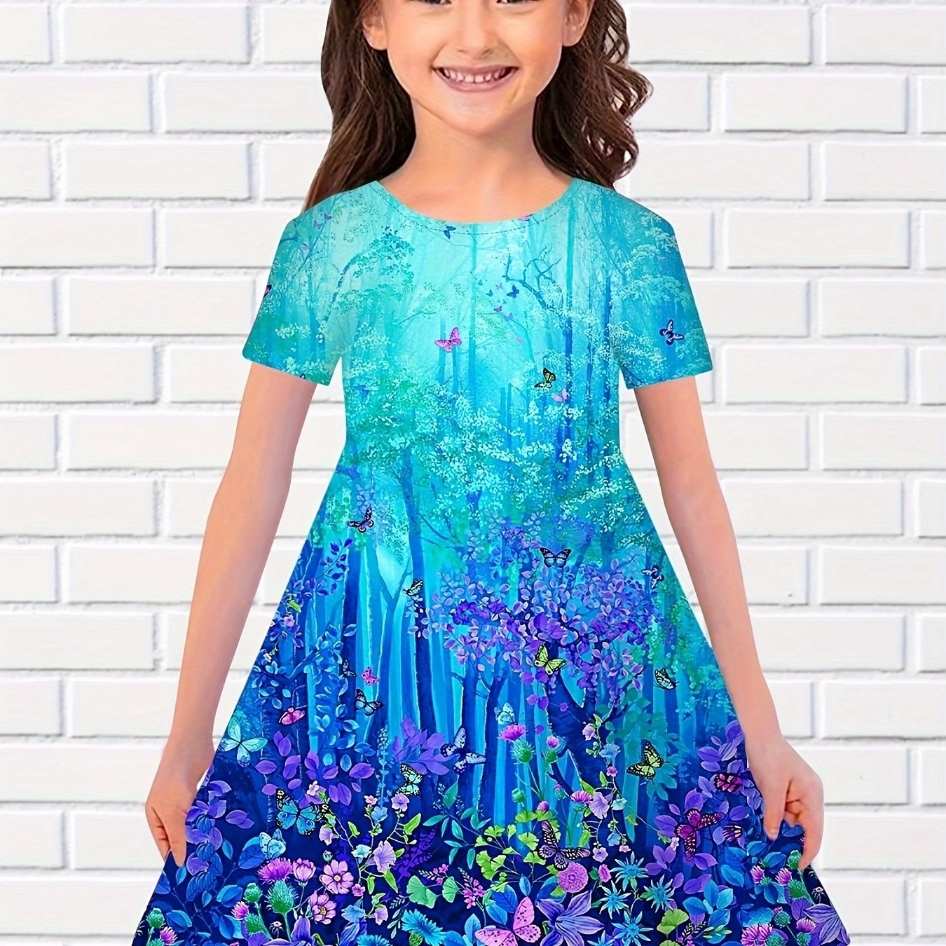 3D Print Magic Forest Graphic Flower Short Sleeve Dress Girls