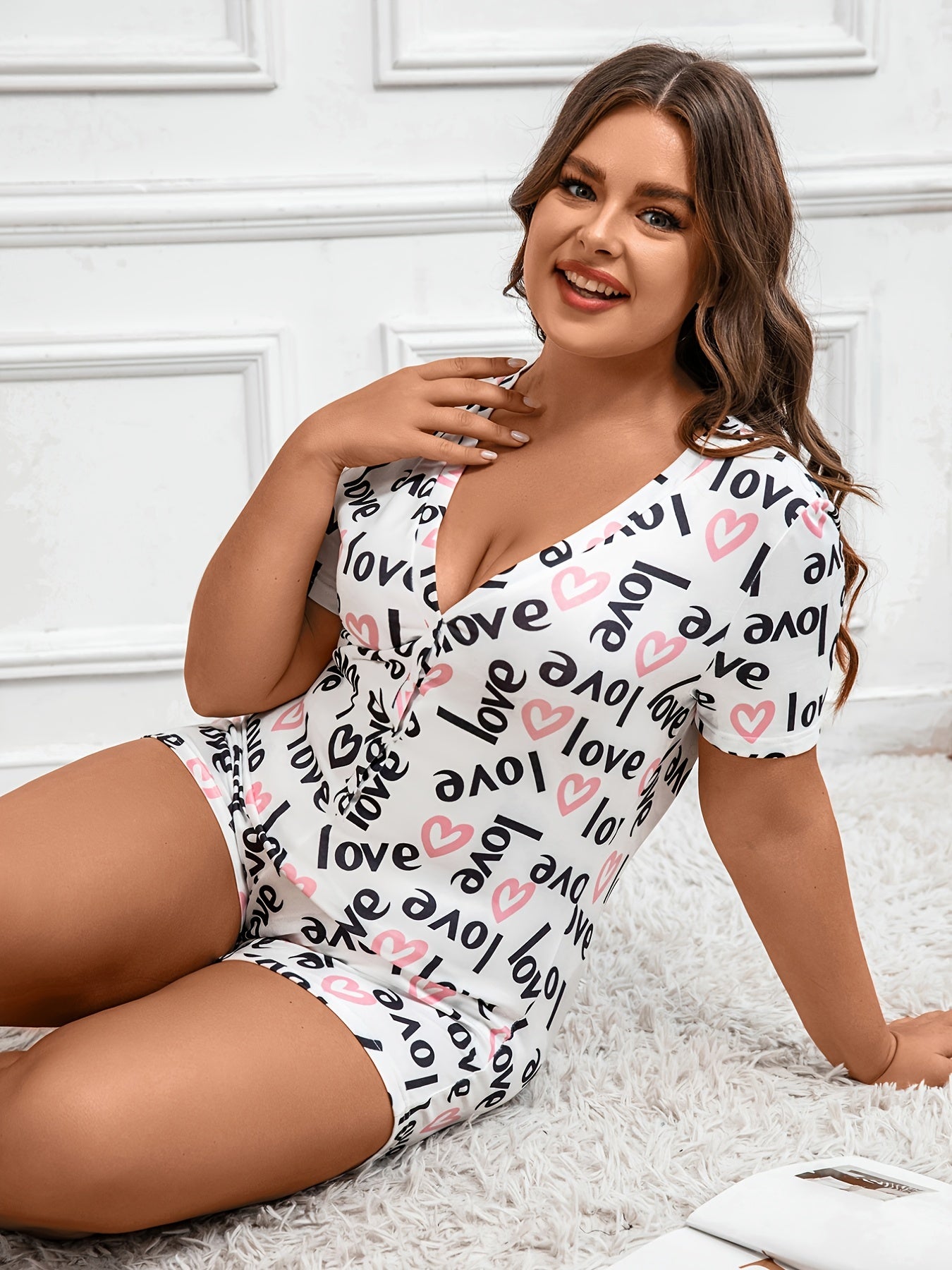  Letter Print Pajama Romper Short Sleeve V Neck
