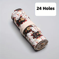 Lucky Cat Canvas Art Pen Curtain Pencil Case Large Capacity Storage Bag