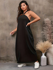  Halter Neck Maxi Dress With Cut Out Back & Pockets
