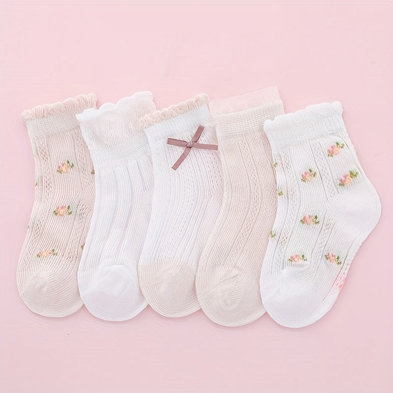 5Pairs Girls Mesh Thin Flower Pattern Bow Knitted Lace Crew Socks