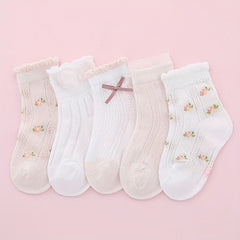 5Pairs Girls Mesh Thin Flower Pattern Bow Knitted Lace Crew Socks