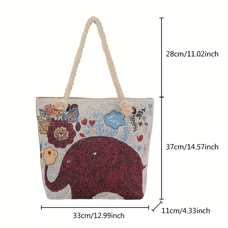 Ethnic Style Elephant Pattern Tote Bag Vintage Large Capacity Beach Bag