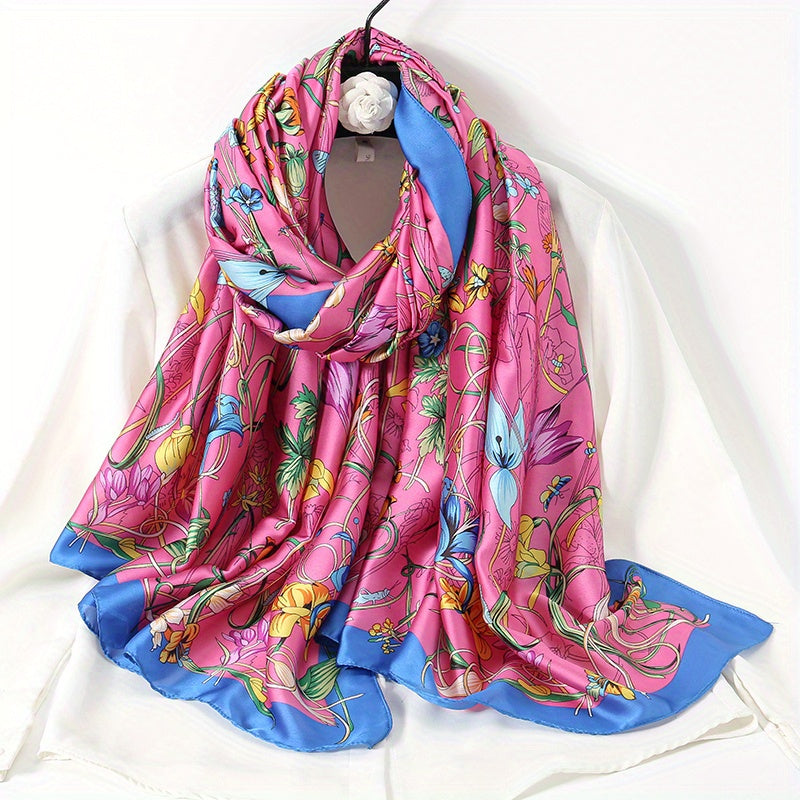 Boho Flower Print Scarf Satin Shawl Casual Windproof Head Wrap