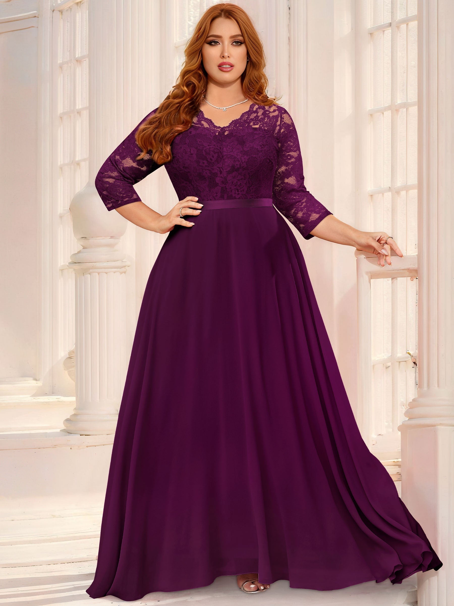  Floral Lace V Neck 3/4 Sleeve Maxi Dress