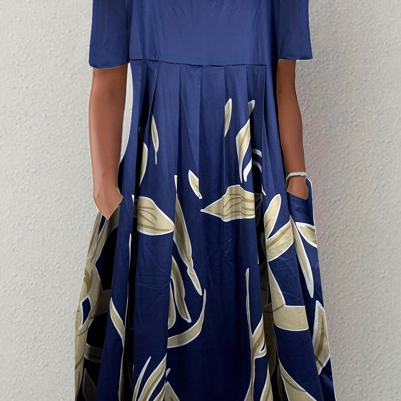  Colorblock Floral Print Pleated Dress With Pockets