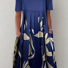  Colorblock Floral Print Pleated Dress With Pockets