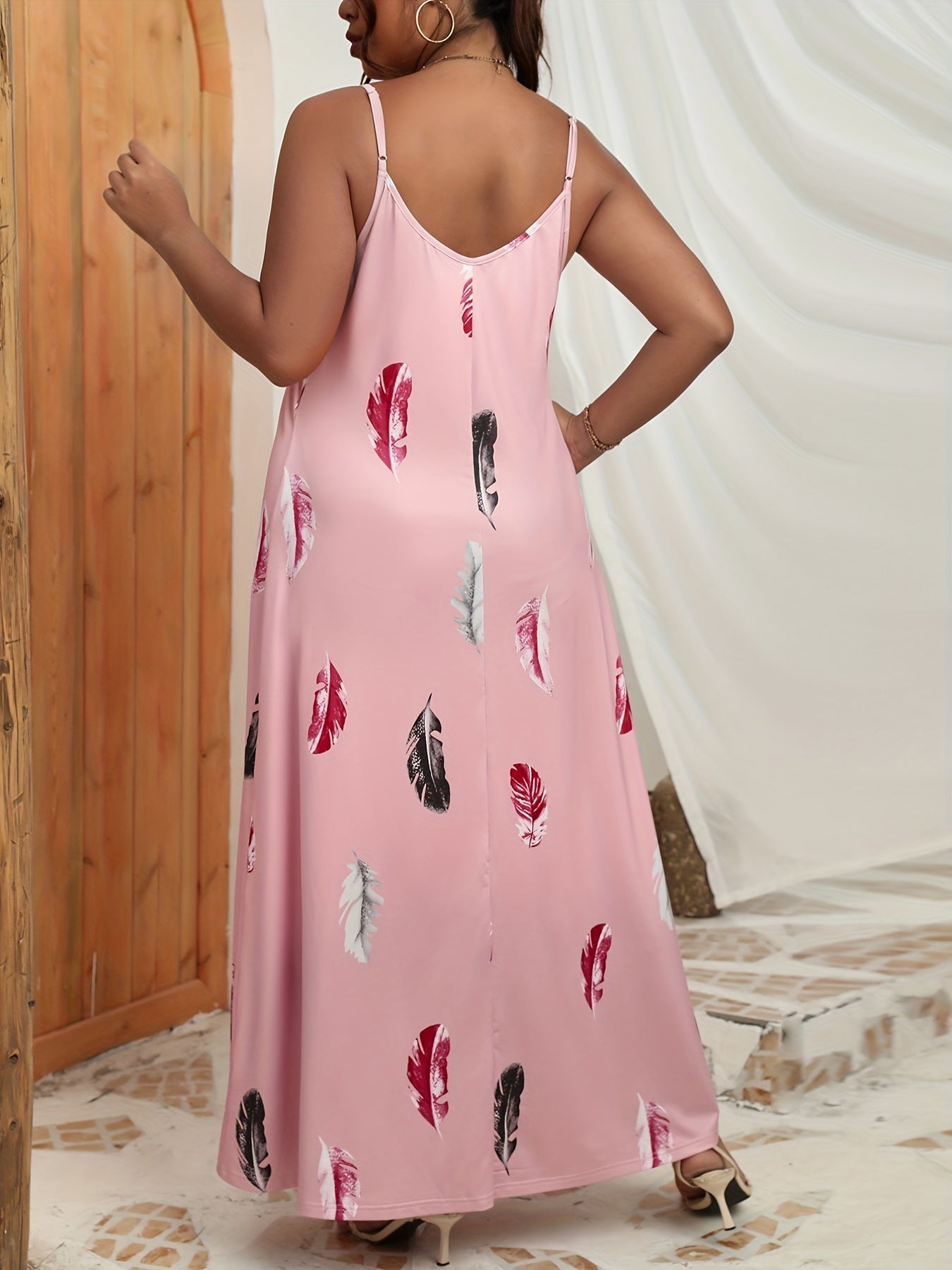  Feather Print V Neck Stretch Maxi Dress