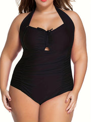  Lace Ruched Halter One Piece Bathing Suit