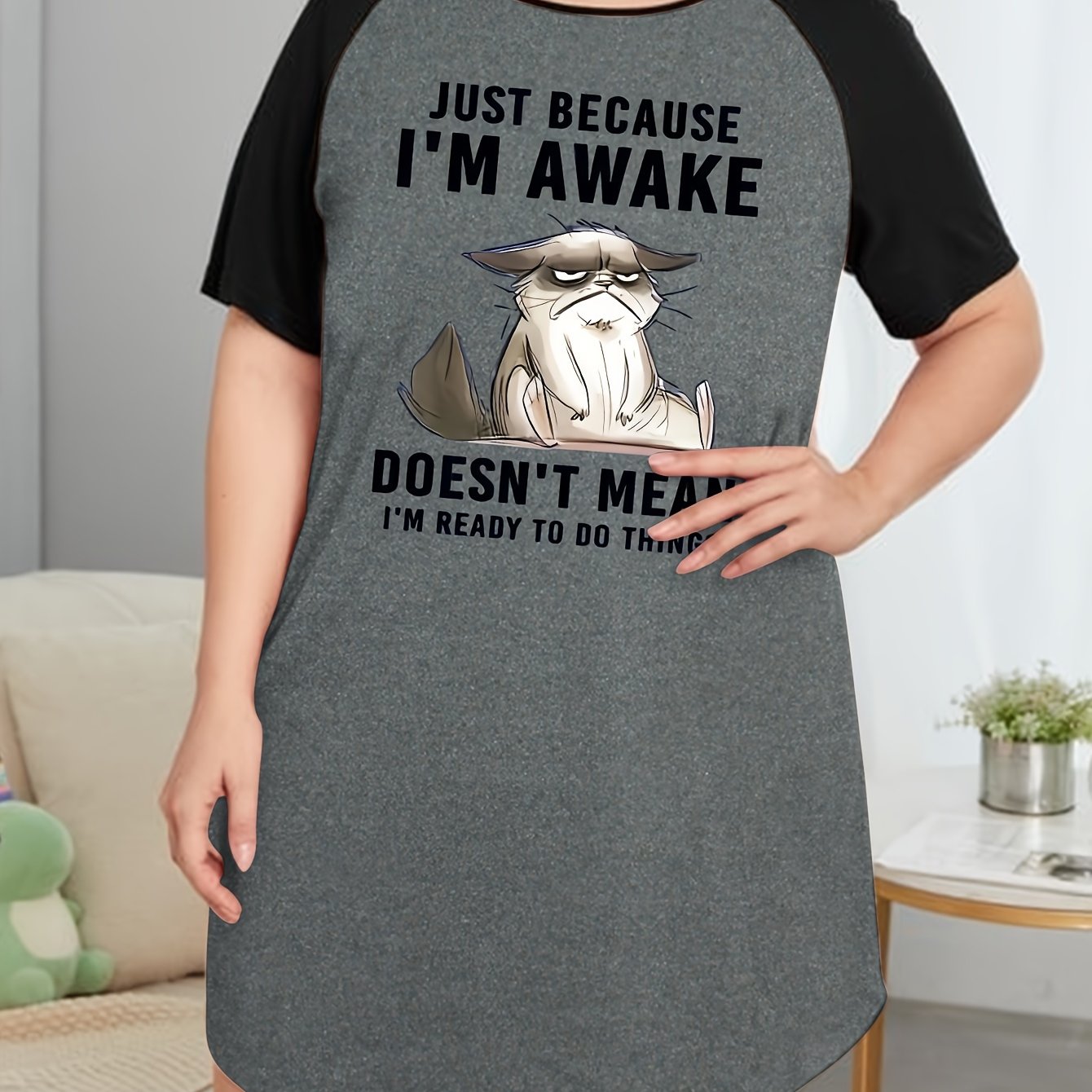 Nightdress Women's Plus Animal & Slogan Print Sleep