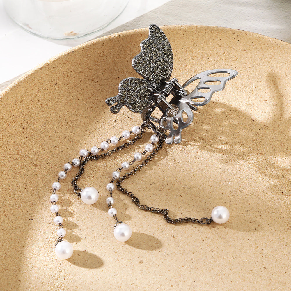 Butterfly Rhinestone Hair Claw Clip with Tassel - Golden