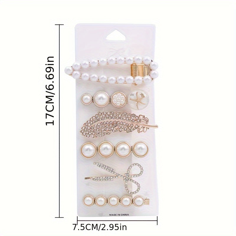 6pcs Retro Teddy Bear Flower Hair Clip Feather Scissors Faux Pearl Side Clip