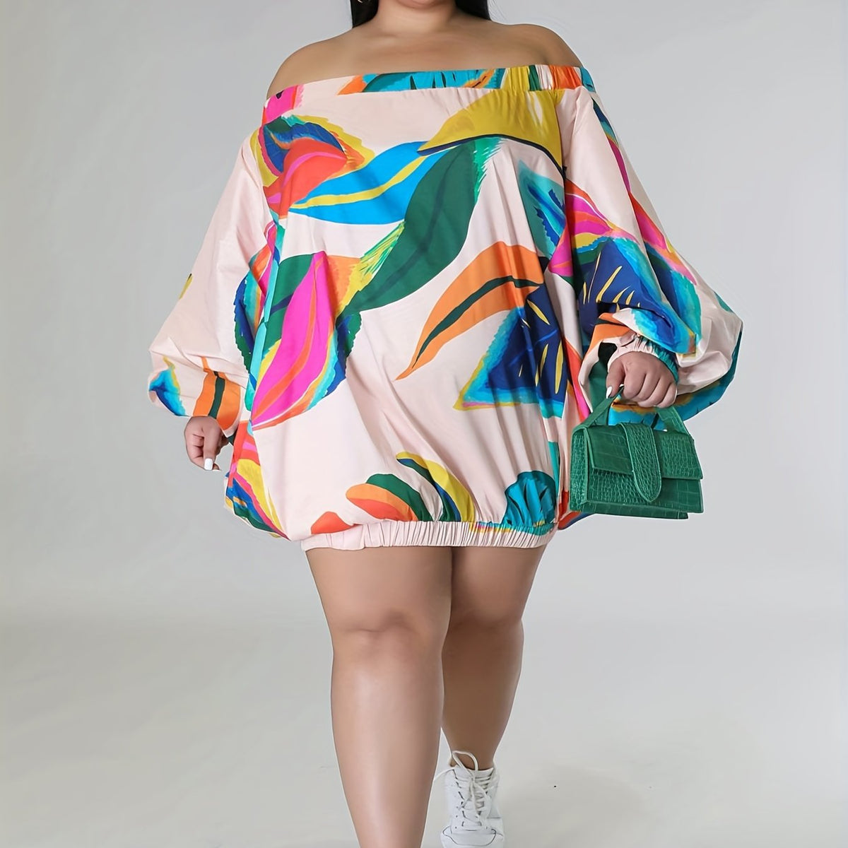  Dress Women's Plus Leaf Print Off Shoulder Long Sleeve Dress
