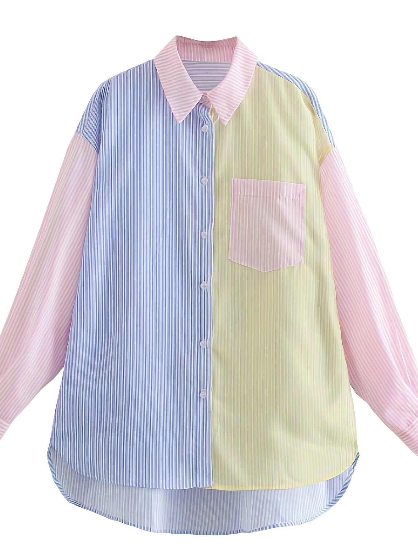  Colorblock Stripe Print Long Sleeve Tunic Shirt