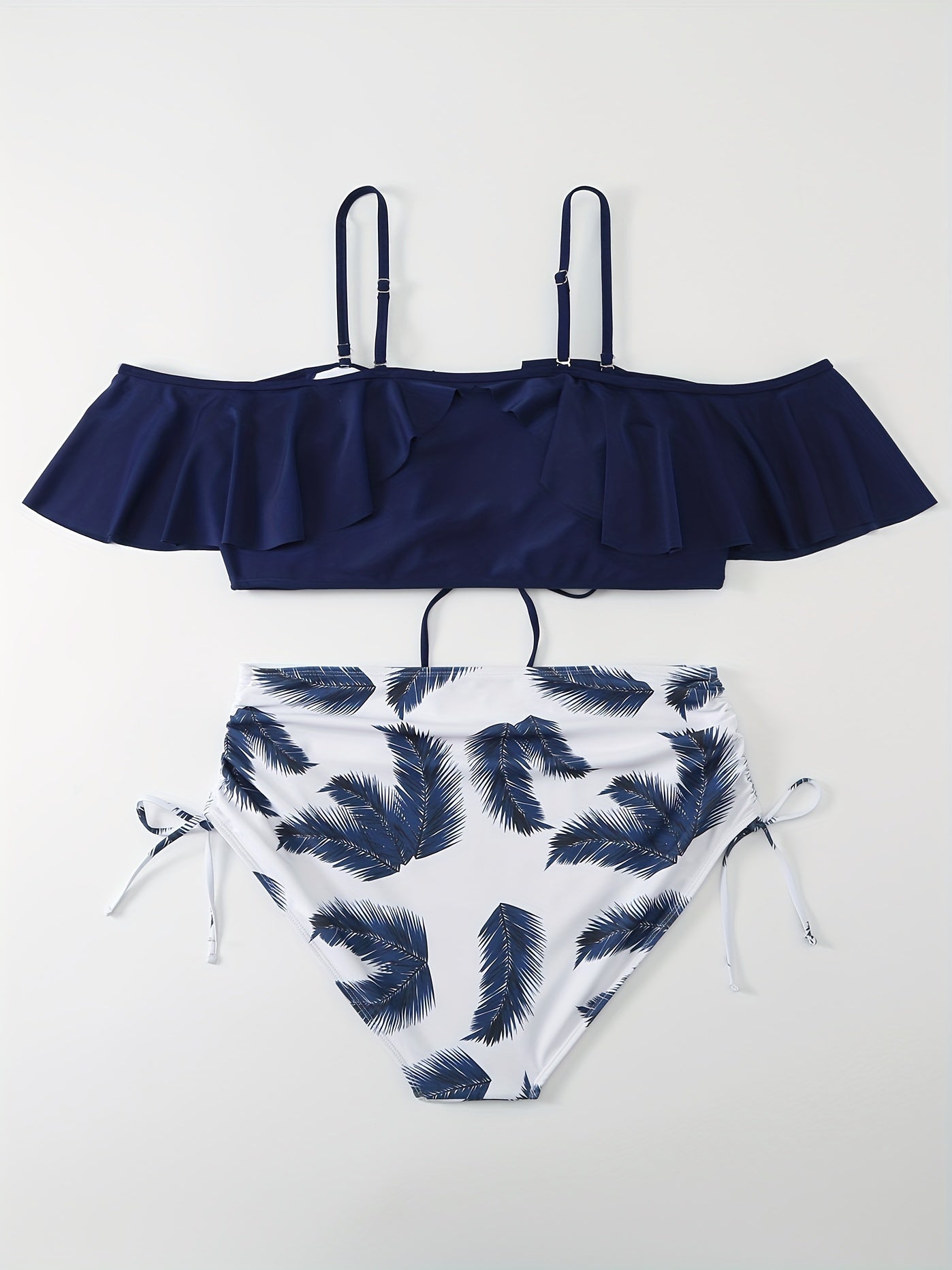  Colorblock Tropical Print Drawstring Bikini Set