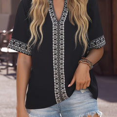  Floral Print Short Sleeve Notched Neck Top