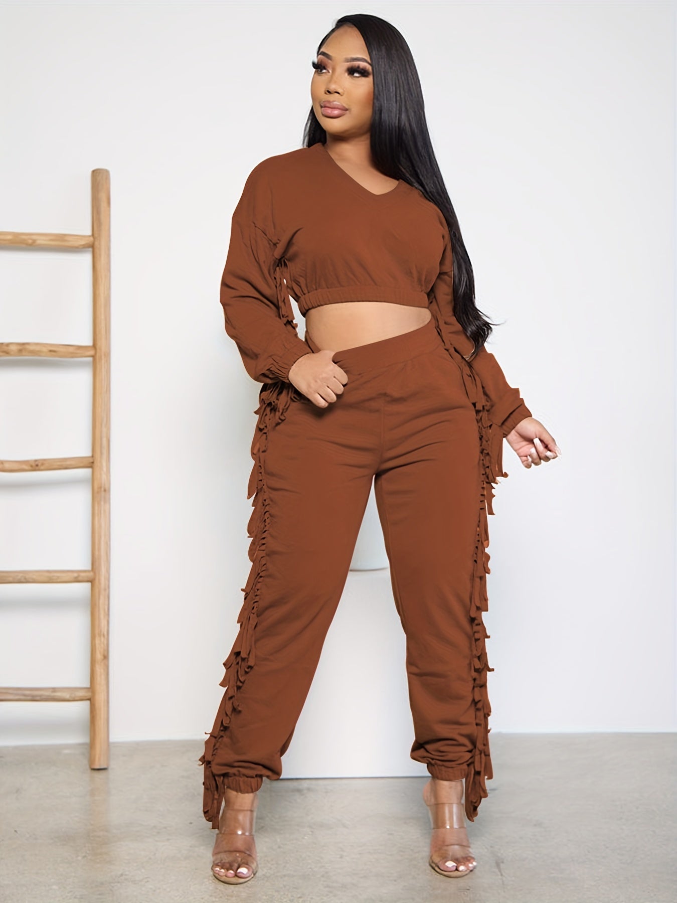  Solid V Neck Ruffle Trim Top & Pants Set
