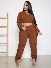  Solid V Neck Ruffle Trim Top & Pants Set