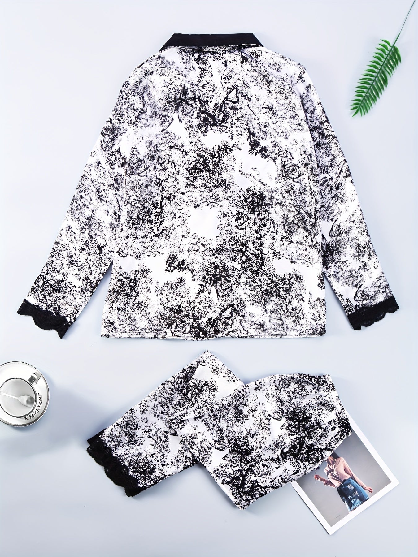 Lace Trim Lounge Set Long Sleeve Top & Pants