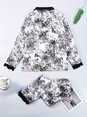 Lace Trim Lounge Set Long Sleeve Top & Pants