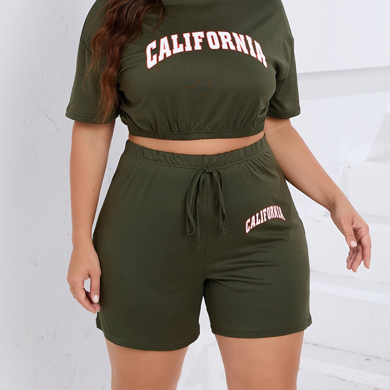  Letter Print Crop Tee & High Waist Shorts Set 2pcs