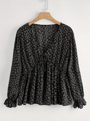  Casual Blouse Ditsy Print Lantern Sleeve V Neck Peplum Top