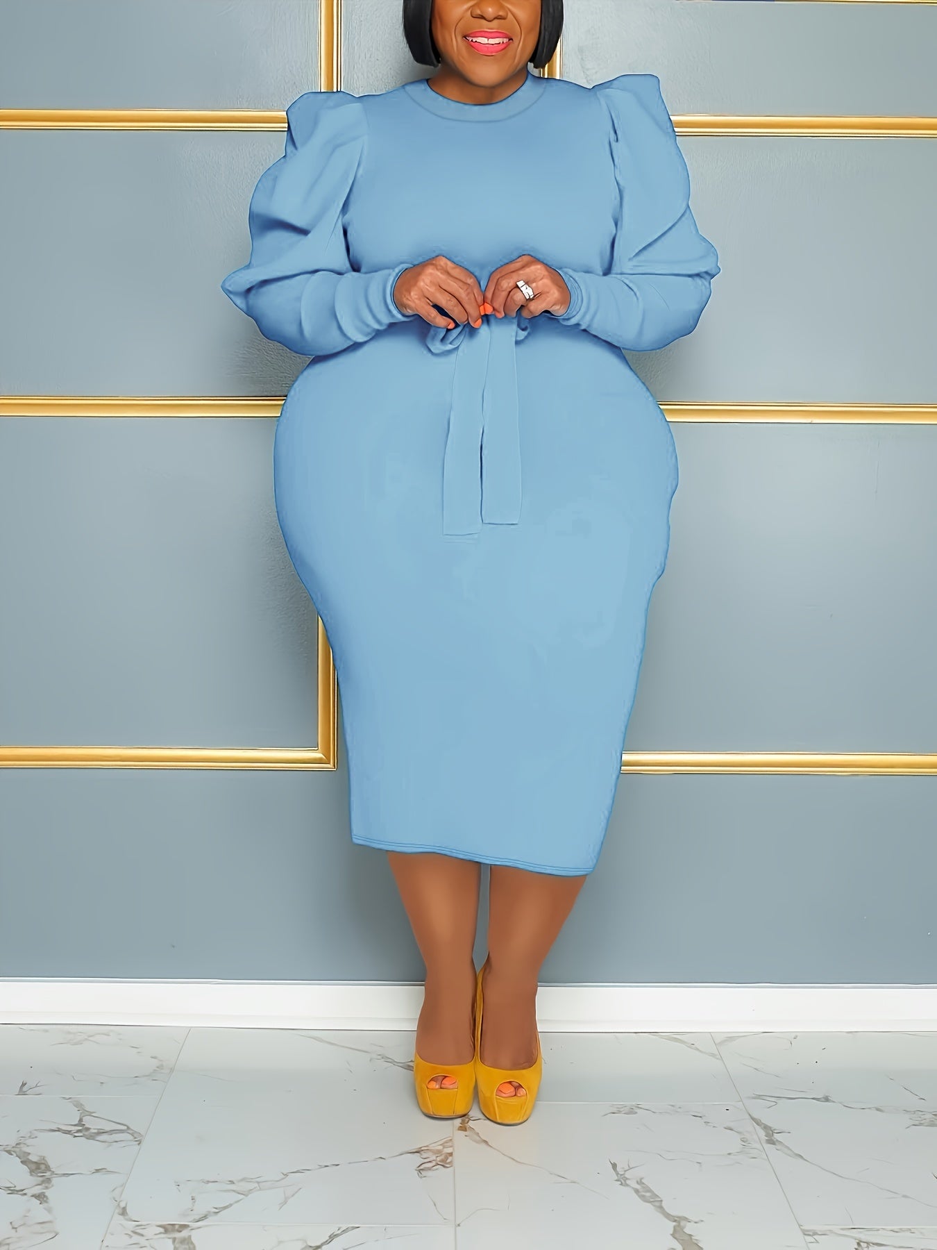  Solid Gigot Sleeve Bodycon Midi Dress With Belt