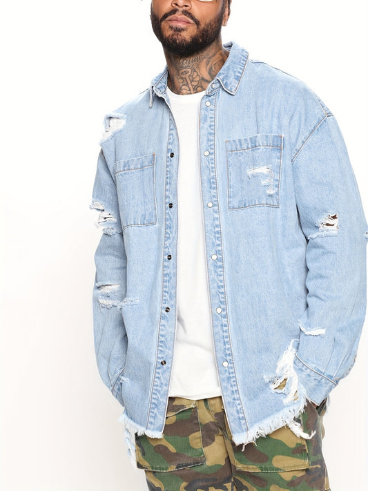 Men's Ripped Denim Jacket Street Style Button Up Collar
