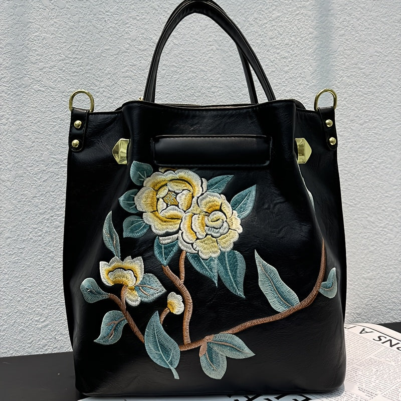Embroidered PU Tote Chinese Style Commute & Travel Bag