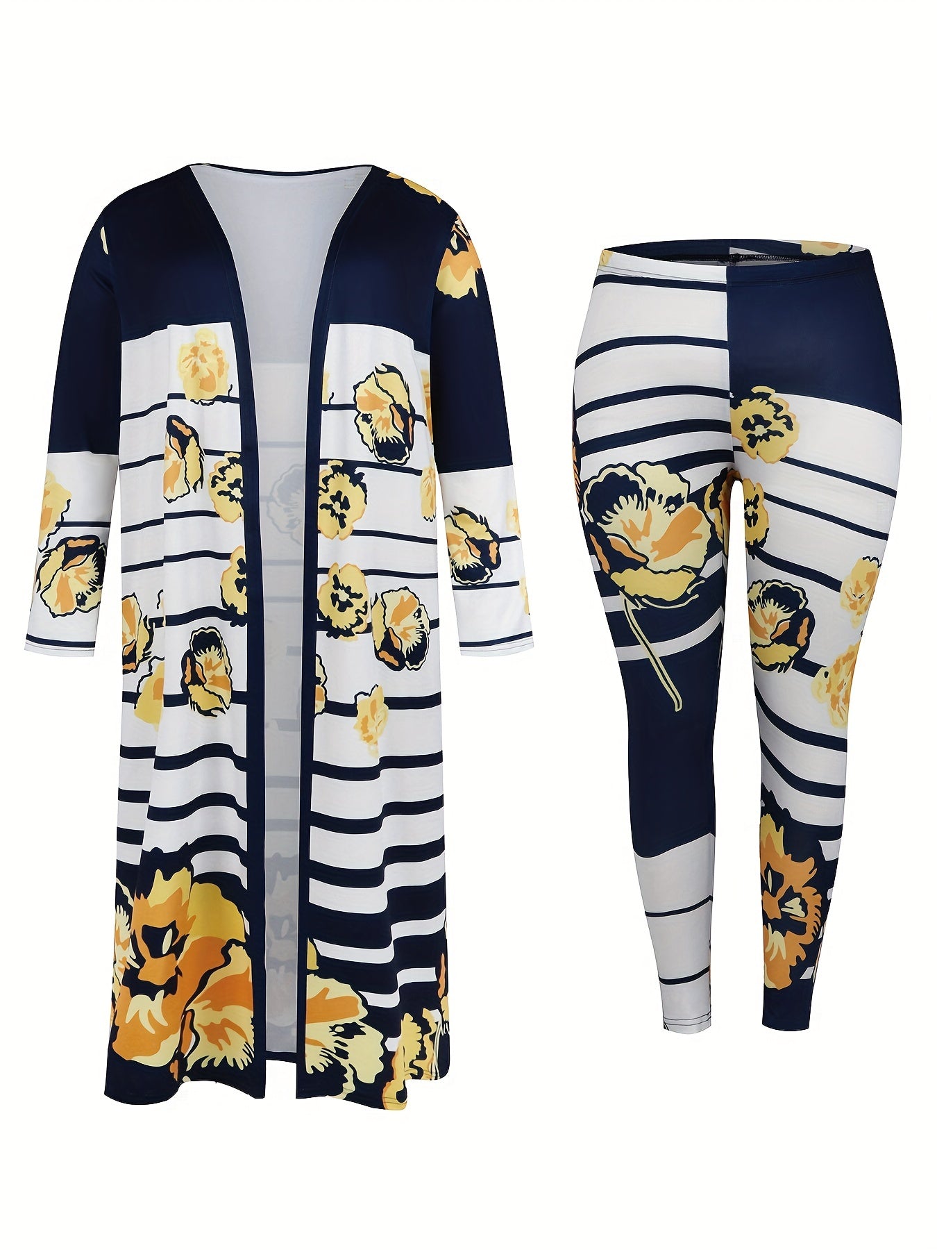 Women's Plus Floral & Stripe Cardigan & Leggings Set