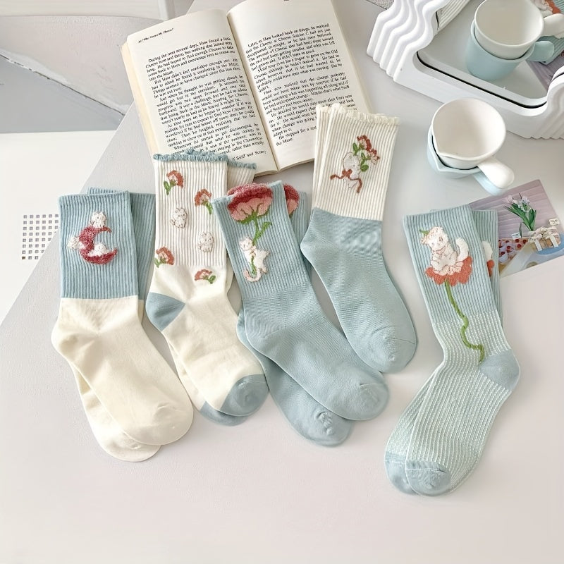5 Pairs Floral Print Socks Comfy & Breathable Mid Tube Women's Stockings