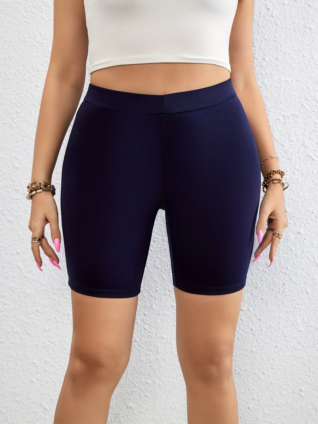  Women's Sports Shorts Solid Medium Stretch Biker Shorts