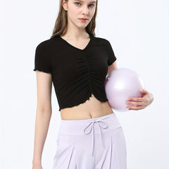 Elastic Soft Yoga Pleated Shirt V Neck Crop Top