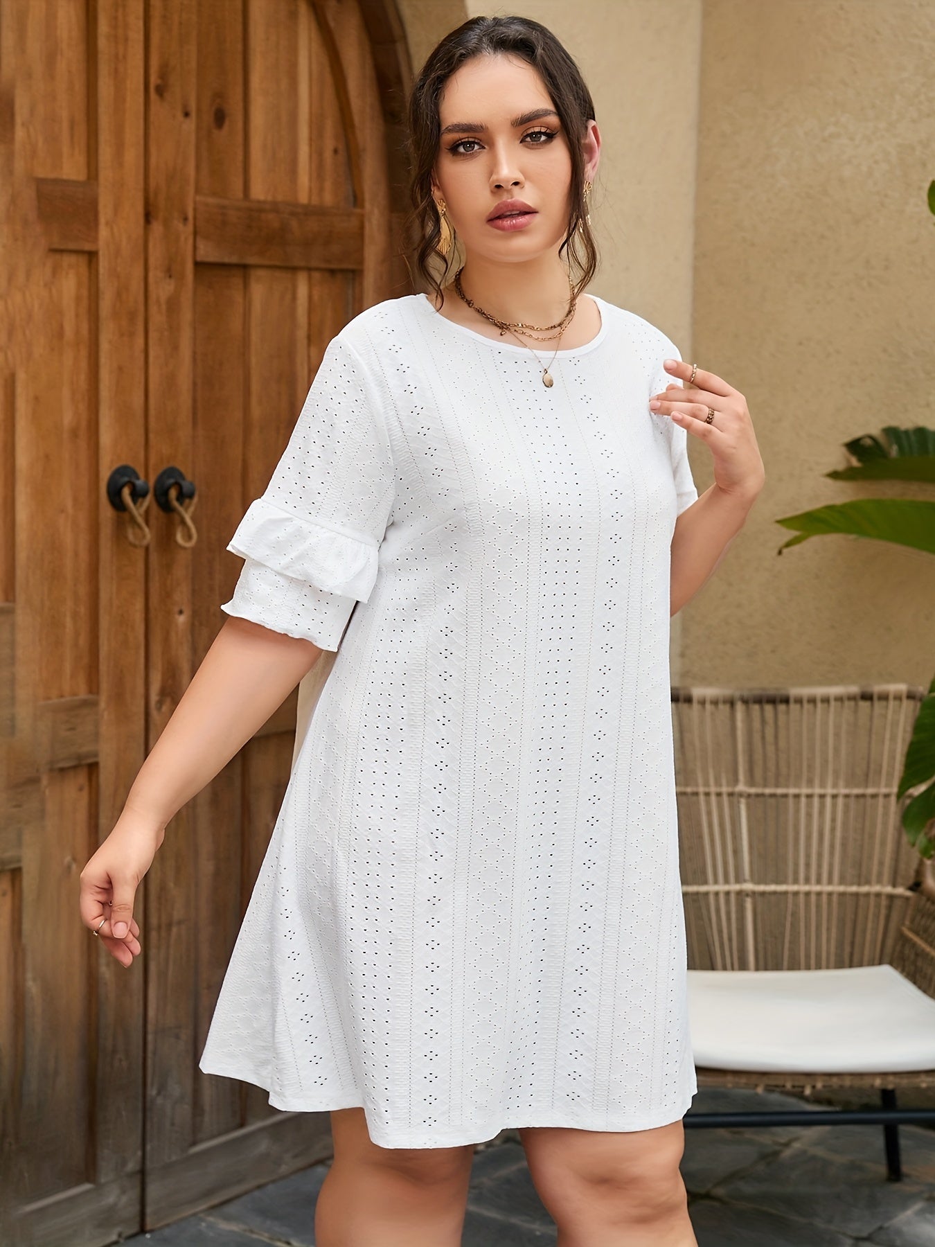 Eyelet Embroidered Round Neck Sleeve Dress