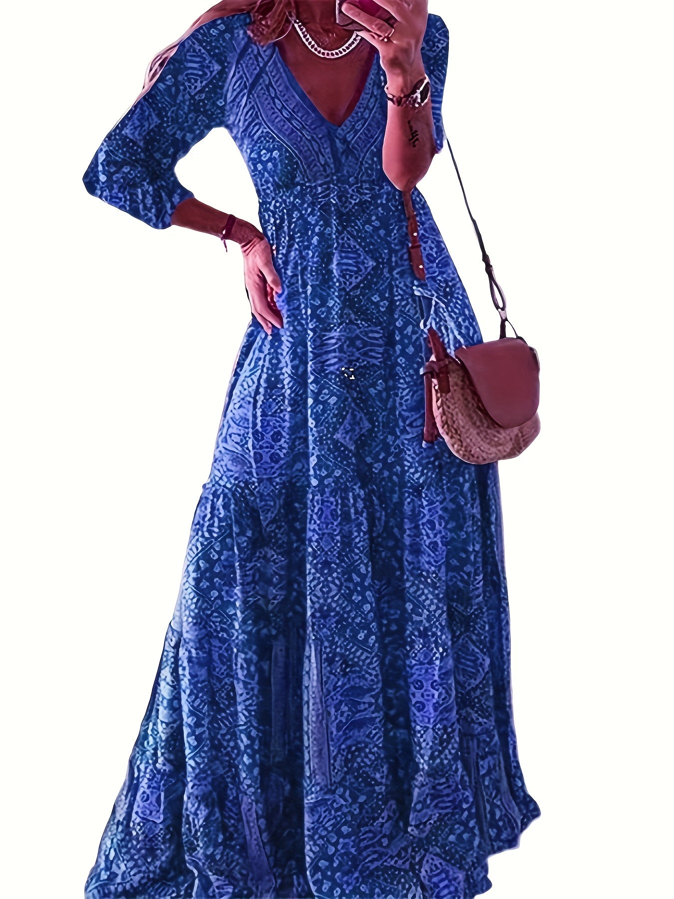  Ditsy Floral Print Long Sleeve V Neck Maxi Dress