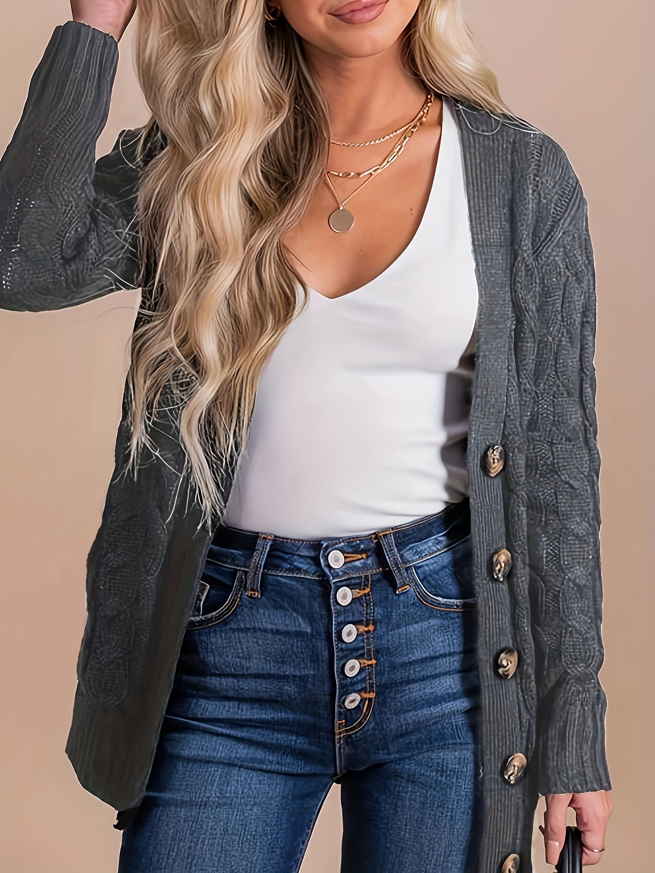  Solid Cable Button Up Cardigan