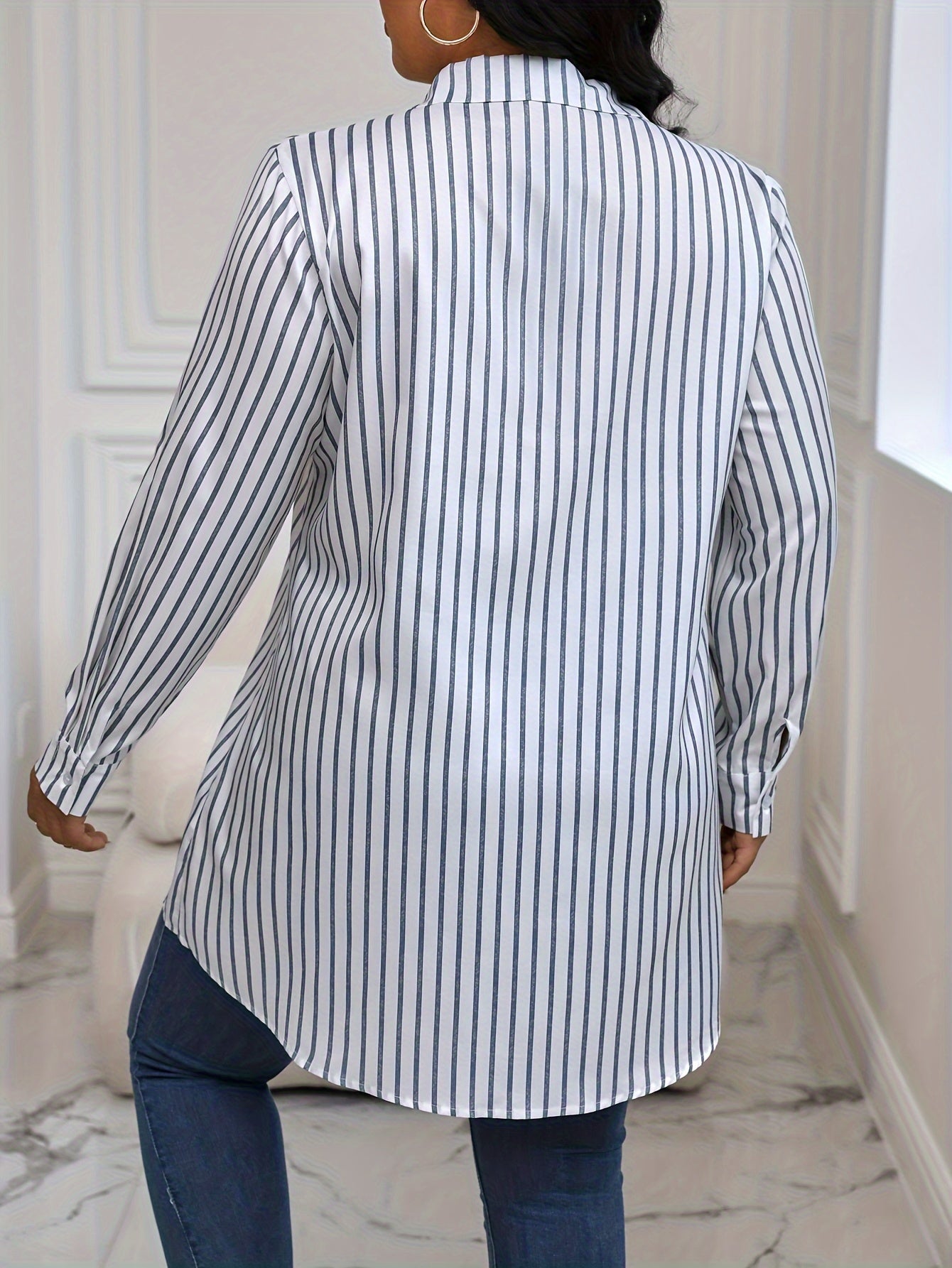  Casual Blouse Women's Plus Stripe Print Long Sleeve Button Up