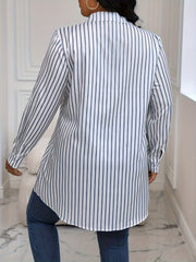  Casual Blouse Women's Plus Stripe Print Long Sleeve Button Up