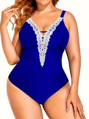  Contrast Lace Crisscross V Neck One Piece Swimsuit