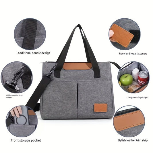 Gray Oxford Fabric Insulated Lunch Bag with Faux Leather Accents