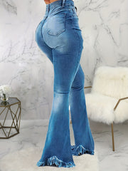  Women's Ripped Raw Trim High Rise Flared Leg Jeans