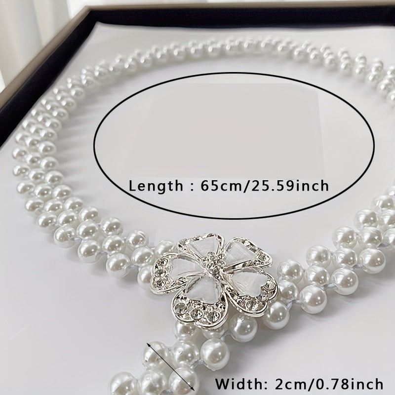 Faux Pearl Girdle Flower Decor Elastic Dress Waistband Chain Belts