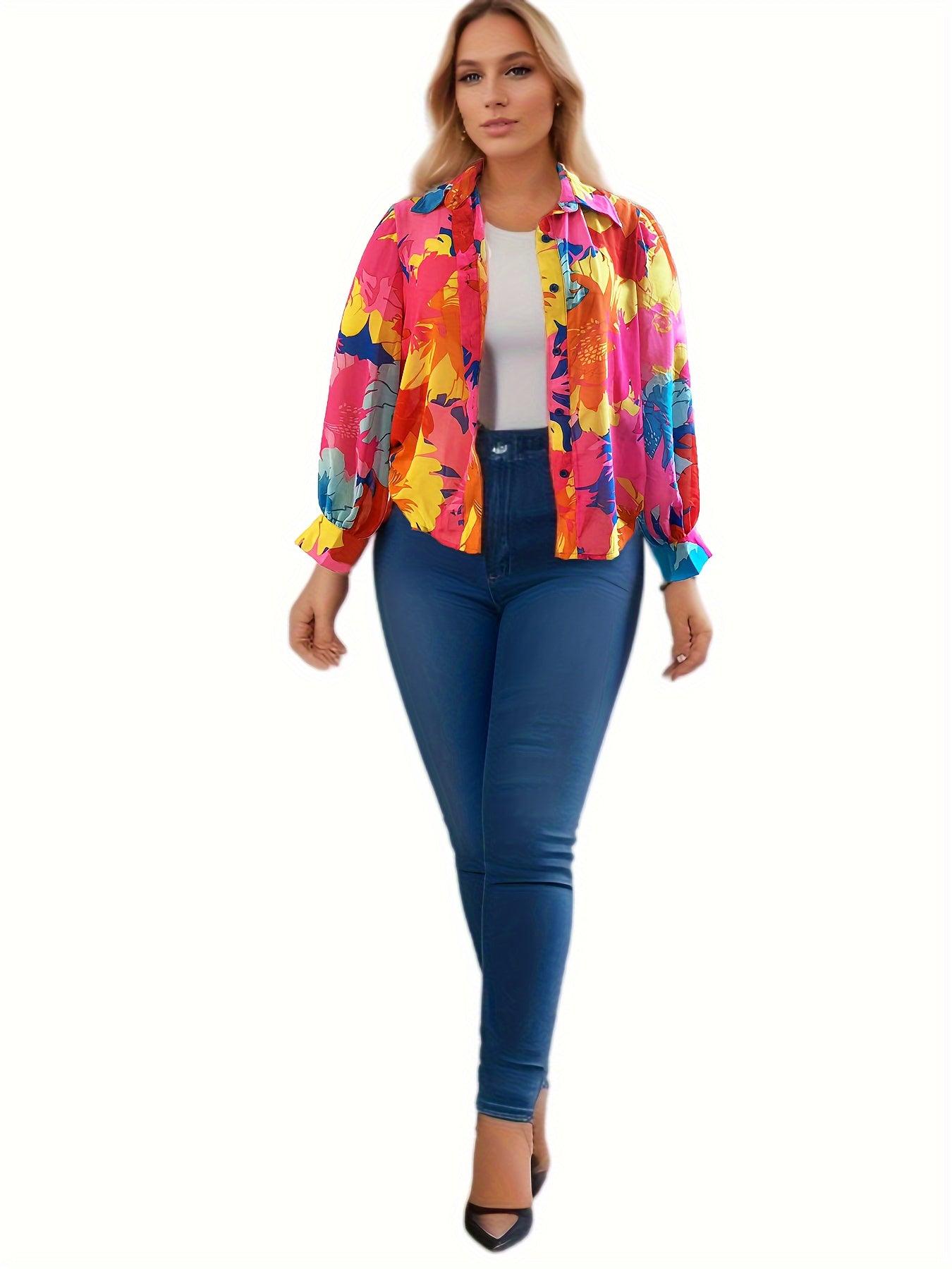  Blouse Women's Plus Floral Print Sleeve Button Up Collar Top