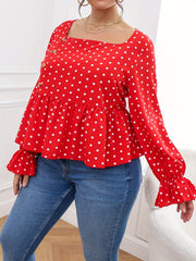  Polka Dot Lantern Sleeve Peplum Top